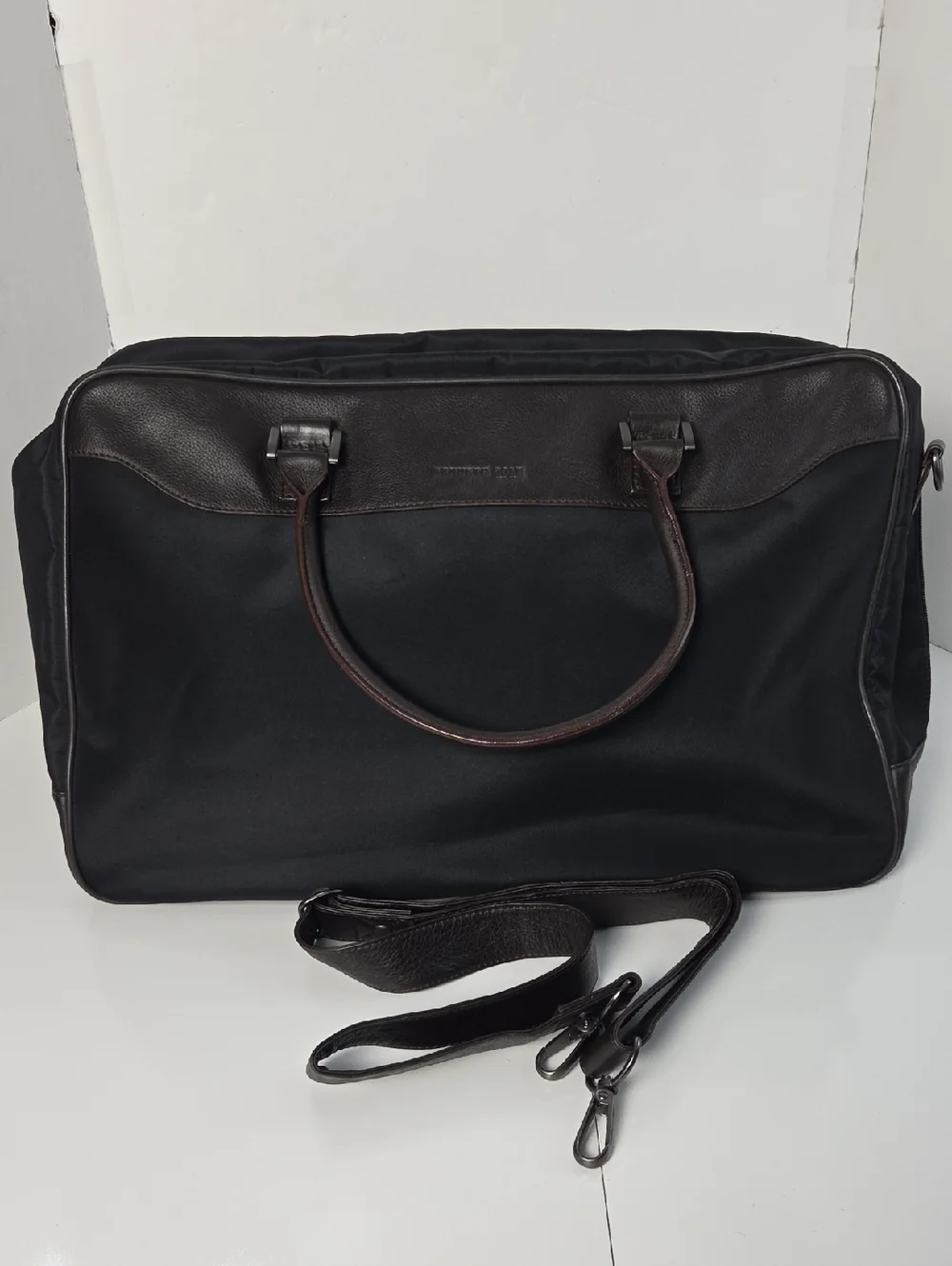 Kenneth Cole Black Nylon Weekender With Brown Leather Trim and Detachable Strap